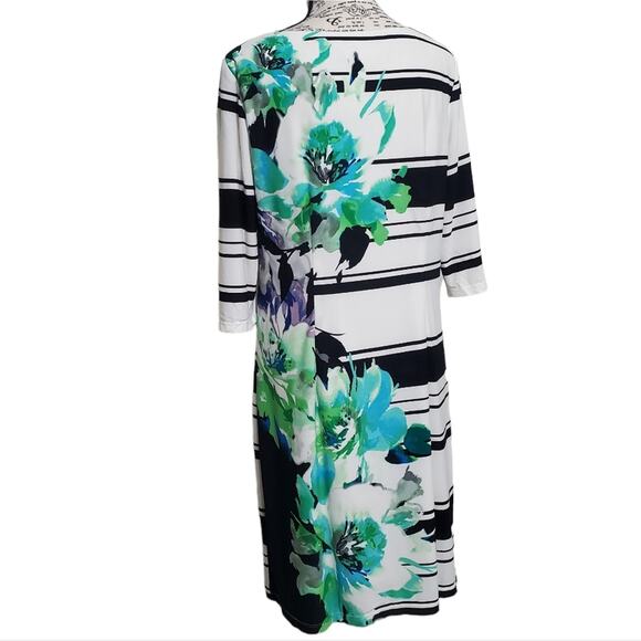 Studio One New York Cream & Black Striped Green Floral Print Midi Dress Medium - Picture 2 of 9